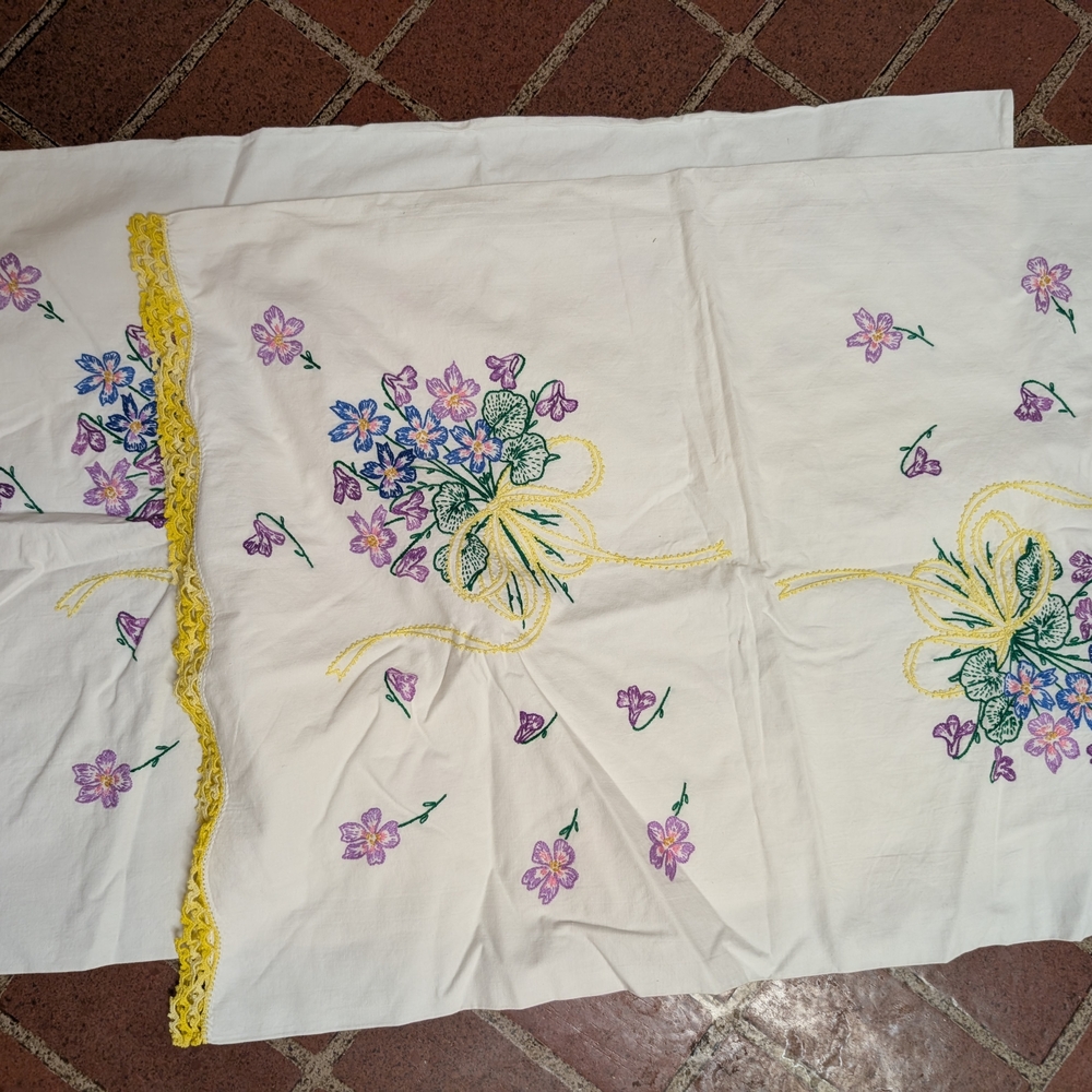 Floral Embroidered Table Runner with Yellow Trim